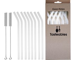 Glazen Rietjes Gebogen - Cocktail Rietjes - Tasteables - Set van 8 - Duurzaam - Herbruikbaar - Reinigingsborstel - 200mm lengte - Wit — cadeau in Koken & Dineren