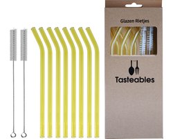 Glazen Rietjes Gebogen - Cocktail Rietjes - Tasteables - Set van 8 - Duurzaam - Herbruikbaar - Reinigingsborstel - 200mm lengte - Goud — cadeau in Koken & Dineren