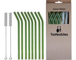 Glazen Rietjes Gebogen - Cocktail Rietjes - Tasteables - Set van 8 - Duurzaam - Herbruikbaar - Reinigingsborstel - 200mm lengte - Groen — cadeau in Koken & Dineren