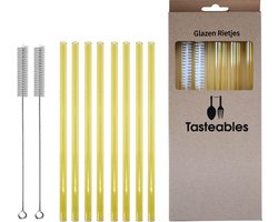 Glazen Rietjes Recht - Cocktail Rietjes - Tasteables - Set van 8 - Duurzaam - Herbruikbaar - Reinigingsborstel - 200mm lengte - Goud — cadeau in Koken & Dineren