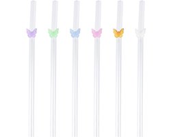 Herbruikbare Glazen Rietjes - Set van 6 - Multicolor Vlinders Versierd - Eco-Vriendelijke Gebogen Drinkrietjes voor Smoothies Milkshake Cocktail (20cm, Helder) — cadeau in Koken & Dineren