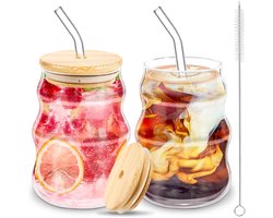 Dailygoods - Set van 2 IJskoffiebekers met Bamboe Deksel en Glazen Rietjes — cadeau in Koken & Dineren