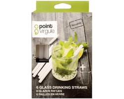 Point-Virgule set van 6 korte glazen rietjes wit met reinigingsborstel en zakje 14cm — cadeau in Koken & Dineren