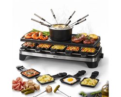 Coock Gourmetstel en Fondue Set 2-in-1 - Raclette voor 8-10 Personen - Inclusief 8 Fonduevorkjes & 10 Pannetjes - 1500W - XL Bakplaat - RVS — cadeau in Kookcadeaus
