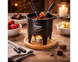 Fondue Set voor 2 Personen – Keramiek met Bamboe Onderplaat – Inclusief 2 Vorkjes – Ø 11 x H 15 cm — cadeau in Kookcadeaus