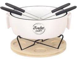 Fondue Set voor 4 Personen – Porseleinen Fonduepan met Bamboe Onderplaat – Inclusief Vorken — cadeau in Kookcadeaus