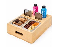 Houten Tafel Organizer - Snack- en Drankhouder met 2 Bakjes en 2 Flessenhouders - Houten Opbergbak voor Snacks, Glazen en Flessen - Tafeltray met Onderzetters en Telefoonhouder - Dienblad van Bamboe — cadeau in Koken & Dineren