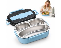 Thermische Lunchbox - 1 L - 23×17cm - Met 3 RVS Vakken - Geïsoleerde Voedselcontainer - Lekvrije Bento Box - Voor Kantoor,School en Onderweg - Blauw — cadeau in Koken & Dineren