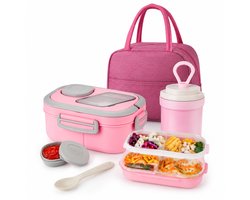 Bobypet - Lunchbox Set met Geïsoleerde Lunchtas- 1200ml - 2-Laags Stapelbare Broodtrommel met Vakjes - Lekvrij en BPA-Vrij - Inclusief Bestek, Sausbakje en Waterbeker - Geschikt voor Magnetron - Roze — cadeau in Koken & Dineren
