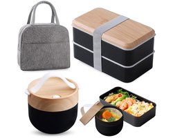 Dailygoods - 1400 ml Bento Box Japans: Bento Box voor volwassenen met soepkom en geïsoleerde tas, broodtrommel met vakken, stapelbaar, lunchbox voor volwassenen en kinderen, voor werk en school, lekvrij — cadeau in Koken & Dineren
