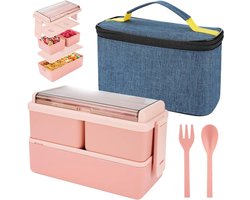 Famanu – Lunchbox met 3 vakken - 2-laagse lekvrije bentobox met geïsoleerde tas en bestek - lunchbox voor maaltijdvoorbereiding voor volwassenen - studenten - kantoor - magnetron 1400 ml — cadeau in Koken & Dineren