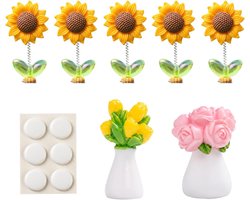 7 stuks autodecoratie met zonnebloemen en bloemen, auto-accessoires voor dashboard, ornamenten met beweegbare zwenkveer, inclusief stickers zonder markeringen — cadeau in Wonen & Interieur