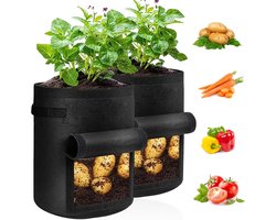 Set van 2 aardappelkweekzakken van 10 gallon (ca. 38 liter) met klep, stevige stoffen kweekzakken met handvat en oogstvenster, niet-geweven plantenzakken voor het kweken van groenten zoals aardappelen en tomaten, zwart — cadeau in Tuin & Klussen