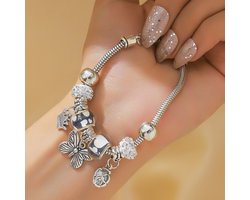 Sjika - Bedelarmband Dames Zilver plated – Armband met Bedels & Kristal Kralen – Pandora Style Charm Bracelet – Verstelbaar — cadeau in Sieraden