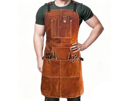 Werkschort - Lasschort - Barbecue Schort - Keukenschort - Hittebestendig - met 6 zakken - Verstelbaar - BBQ Schort - timmermansschort voor heren - Tuinschort - Unisex - voor smid, monteur, werkplaats - Cadeau voor Vaderdag of Verjaardag - bruin — cadeau in Hobby