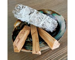 Smudgeset Abalone schelp - Witte Salie - Palo Santo - Smudge - Reinigend - Positiviteit - Thuis - Interieur - Decoratie - Sfeerfilmpje — cadeau in Cadeau-ideeën