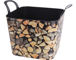 Storage Solutions Haardblokken houtblokken flexibele opberg emmer - mand - 53 x 40 x 38 cm - Zwart en hout print - kunststof — cadeau in Cadeau-ideeën