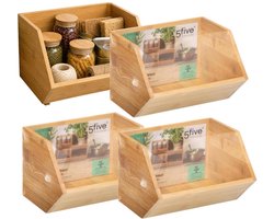 5Five Stapelbare opbergmand 1 vaks organizer - 4x - L18 x B15.5 x H12 cm - bamboe hout - lichtbruin — cadeau in Cadeau-ideeën
