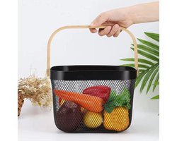 Stalen opbergmand met houten handvat - veelzijdig en stijlvol voor keuken, badkamer en decoratie — cadeau in Wonen & Interieur