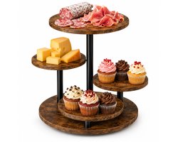 OUYLAF 4-Laags Draaibare Borrelplank – Houten Tapasplank – Ronde Kaasplank – Hapjesplank – Serveerplank – Bruin — cadeau in Kookcadeaus