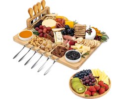 Kicinn Borrelplank - Tapasplank - Kaasplank - Serveerplank - Borrelplank Hout - Incl. Kaasmesjes, Vorkjes, schaaltjes en extra Serveerplank – Bamboe — cadeau in Kookcadeaus