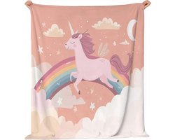 Flanellen Dekens - Zachte Plaid - Koude Avonden - Eenhoorn Droom Patroon - 100 x 150 cm - Perzik Roze — cadeau in Wonen & Interieur