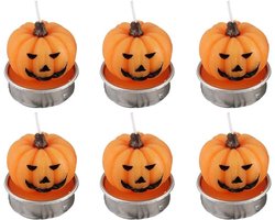 Set van 6 decoratieve Halloween-kaarsen – Schattige mini-kaarsjes in de vorm van een spookje, pompoen en heks; griezelige waxinelichtjes van witte sojawas – Perfect voor Halloweenfeesten in de herfst en als woondecoratie (pompoen) — cadeau in Wonen & Interieur