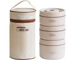 Bento box-rvs lunchbox kind-bentobox rvs-lekvrije en geïsoleerde vacuüm roestvrijstalen lunch-/snackbox met drie lagen van roestvrij staal (met geïsoleerde tas) - Perfect voor het meenemen van eten naar kantoor of een picknick - Wit - 440 ml — cadeau in Koken & Dineren