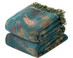 Sofa plaid - Bedsprei - bank deken - Deken - Vogel- en bloemenprint - 150×200cm - Katoen - Groen — cadeau in Wonen & Interieur