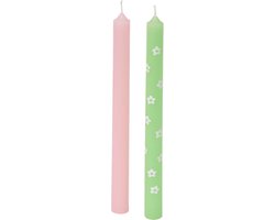 Dinerkaarsen - Lente Dinerkaarsen - Set van 2 | 25 cm - Groen & Roze - Flower | Luxe Dinerkaarsen met Bloemenprint - Brandtijd: 8 uur — cadeau in Wonen & Interieur