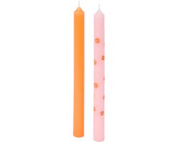 Dinerkaarsen - Lente Dinerkaarsen - Set van 2 | 25 cm - Roze & Oranje - Daisy | Luxe Dinerkaarsen met Bloemenprint - Brandtijd: 8 uur — cadeau in Wonen & Interieur