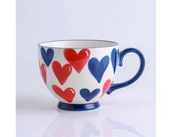 Grote Keramische Hartjes Mok - Rood en Donkerblauw Patroon - Soepkom/Theemok met Oor - 450ml — cadeau in Wonen & Interieur