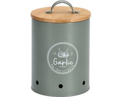 Zeller Knoflook bewaar pot/blik - metaal/hout - groen - 14 x 17 cm - voorraad pot — cadeau in Wonen & Interieur