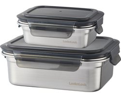 Lock&Lock RVS Lunchbox en Snackdoosje - RVS Broodtrommel - Snackbox - Vershoudbakjes - Bewaarbakjes - Bewaardoos met deksel - Luchtdicht - Lekvrij - Stapelbaar - BPA vrij - PFAS vrij - Duurzaam - Volwassenen en Kinderen - Set 2 stuks - LocknLock — cadeau in Cadeau-ideeën