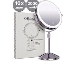 KHRONOX® Make Up Spiegel, Make-Up Spiegel Met LED Verlichting, 10x Vergroting, 3 Lichtstanden, USB Oplaadbaar, 2000 Mah, Vergrootspiegel, Make Up Spiegel 10x Vergroting, Badkamerspiegel, Scheerspiegel, 360° Draaibaar, Valentijnsdag, Cadeautje, ZILVER — cadeau in Verzorging