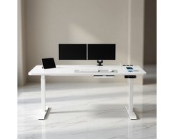 Elektrisch In Hoogte Verstelbaar Zit-Sta Bureau 160x80 cm – Mobili Bella Ergonomisch Sta Bureau met Draadloze Oplader, Stopcontacten & USB, Anti-Collision Systeem, Stabiel Stalen Frame, Wit — cadeau in Cadeau-ideeën