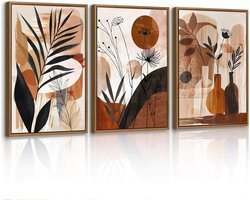 Set van 3 ingelijste doeken in boho-stijl met bruine botanische bladeren, minimalistische illustratie voor huisdecoratie voor slaapkamer, woonkamer, kantoor, 40 x 60 x 3 cm — cadeau in Wonen & Interieur