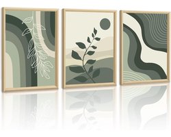 Canvas Muurkunst Ingelijst, Set van 3 Boho Abstract Geometrisch Canvas Foto's, Donkergroen Minimalistisch Botanisch Schilderij voor Woonkamer Slaapkamer Huis Muurdecoratie 30x40cmx3 — cadeau in Wonen & Interieur