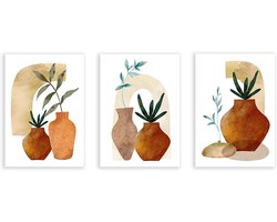 terracotta vaas canvas schilderij botanische bladeren muurkunst set van 3 Boho posters en prints vintage muurfoto's woondecoratie niet ingelijst - 16 x 20 inch x 3 — cadeau in Wonen & Interieur