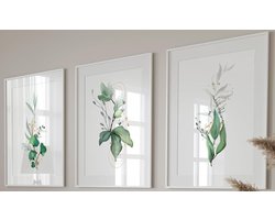 Prints wanddecoratie eucalyptusplant, set van 3 prints zonder lijst, tropische botanische wanddecoratie, botanische muurkunst, wanddecoratie woonkamer, groen goud (A3) — cadeau in Wonen & Interieur