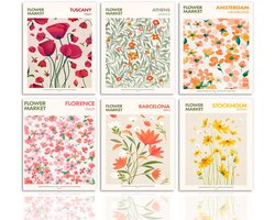 Ibenzoa® Bloemenmarkt Vintage Botanische Wanddecoraties Set van 6 Canvas Afbeeldingen 20 x 25 cm Zonder Lijst — cadeau in Wonen & Interieur