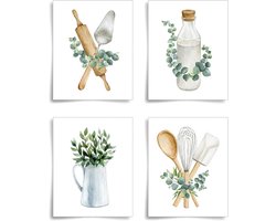 Set van 4 Botanische Posters voor Keuken en Eetkamer - Minimalistische Wanddecoratie, 20x25cm, Boho Stijl, Kunstdrukken voor Modern Interieur — cadeau in Wonen & Interieur