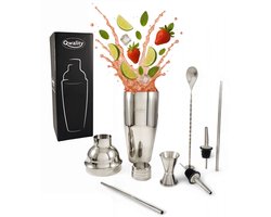 Cocktail Shaker Set (750 ml) - Cocktail Set - Luxe Cadeau voor hem of haar - Cocktailset - Zilverkleurig - Qwality® — cadeau in Kookcadeaus