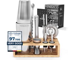 VINENCO Cocktailshaker Set Boston met Houten + Recepten Boek: 13 Delig RVS Staal Premium Barkeeper Kit | Prof Cocktail Shaker Bar Accessoires Martini Gin Mojito Longdrinks Party Verjaardag Cadeau Man Vrouw — cadeau in Kookcadeaus