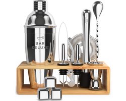 BarDeluxe® Cocktail Set - 13-Delig - Cocktailshaker 750 ml met Bamboe Standaard, Receptenboek & Whiskey Stones - Luxe Cadeauverpakking — cadeau in Kookcadeaus