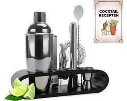 KitchenBrothers Cocktail Set - 11 delig - Inclusief Cocktail Shaker (750ml) - Compleet voor Cocktailbar - Zwart/Bamboe - Cocktailset - BPA-Vrij - Met Receptenboekje - Cadeauverpakking — cadeau in Kookcadeaus