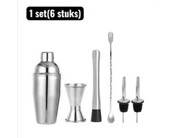 1 set（6stuks）- Cocktailsets - Professionele Cocktail Shaker Set - Complete 6-delige Thuisbar Kit voor Beginners en Experts - Zilver — cadeau in Kookcadeaus