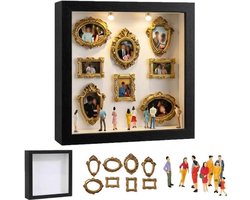 DIY Mini Figuur Museum Set - Fotolijst - Mini Fotolijstjes met LED-verlichting - Vintage Mini Fotolijstjes - Inclusief 8 Gouden Mini Fotolijstjes en 8 Kleine Ornamenten - zwart — cadeau in Hobby