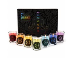 Chakra Geurkaarsen Set – 7 Meditatiekaarsen in Geschenkdoos – Geurkaarsen voor Yoga, Mindfulness en Ontspanning – Spiritueel Cadeau – Meerkleurig — cadeau in Wonen & Interieur