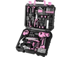 Gereedschapskoffer - 126-delig - Gevuld - Gereedschap - Gereedschapsset - Sleutelloze boorkop - met 8V snoerloze boormachine - DIY handgereedschapssets - Roze — cadeau in Tuin & Klussen